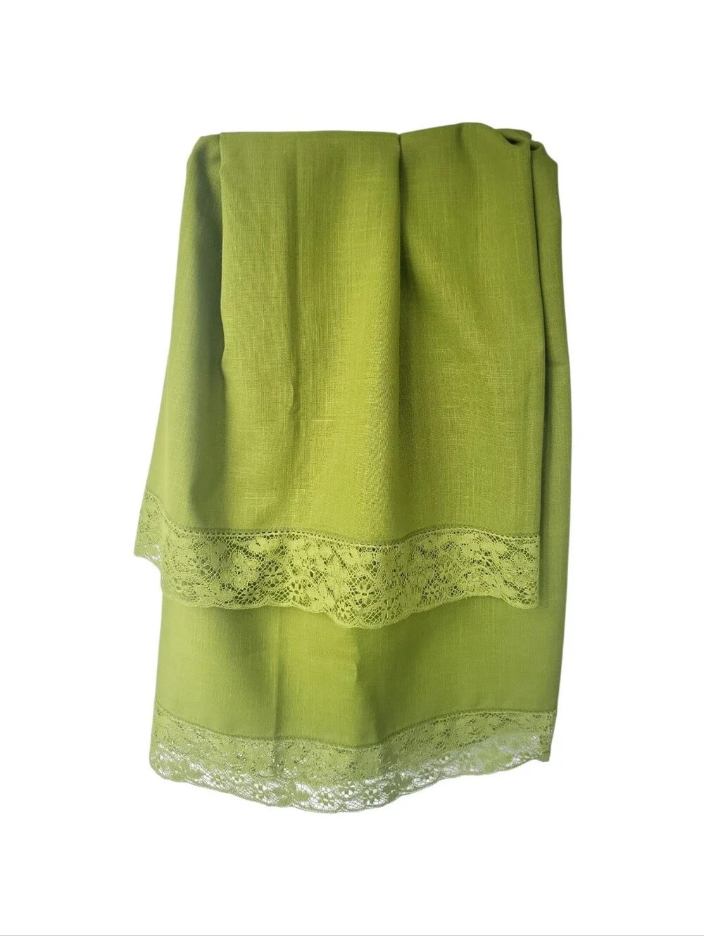 Vintage MCM Avacado Chartruese Green Lace Trimmed Rectangle Tablecloth 80